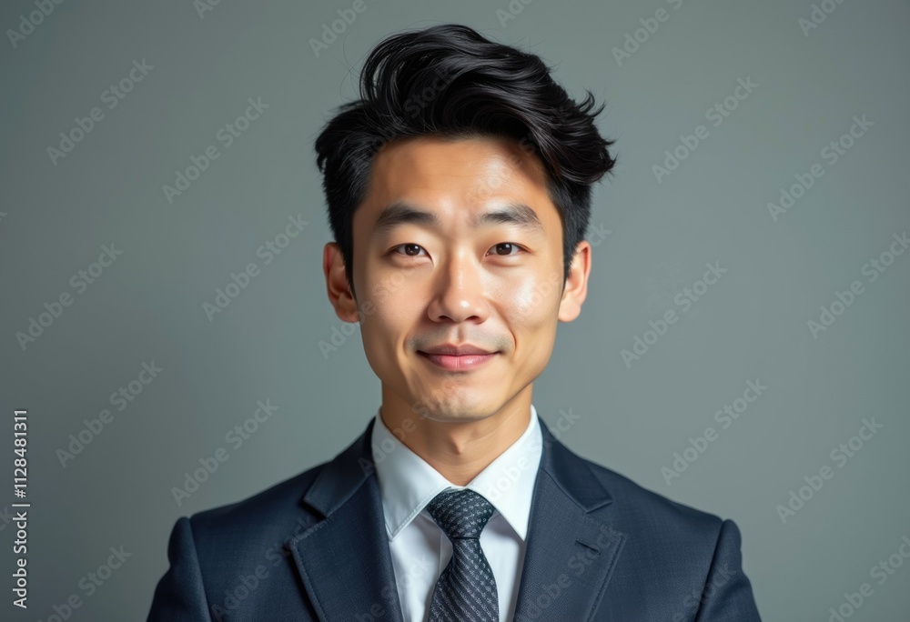 A young Asian man in a suit smiles confidently. A young Asian man in a suit smiles confidently.