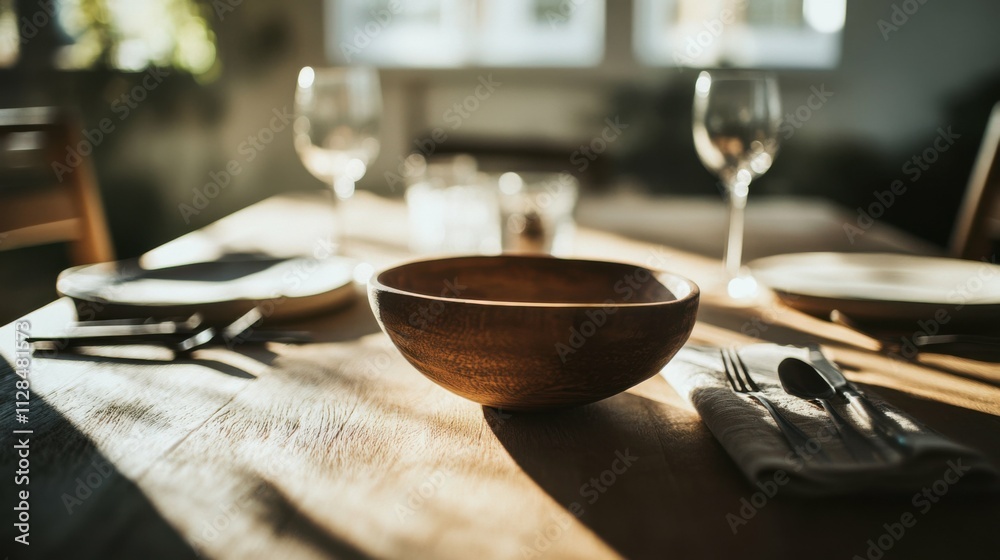 simple table setting with rustic wooden bowl, natural light, focus on organic materials and minimalist aesthetic, warm and earthy tones simple table setting with rustic wooden bowl, natural light, focus on organic materials and minimalist aesthetic, warm and earthy tones