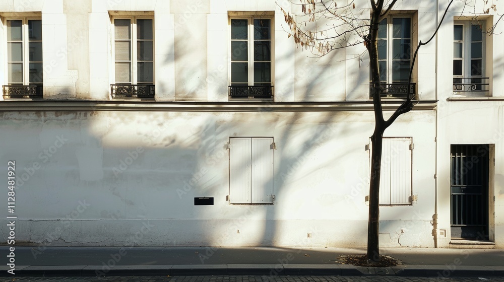 Parisian street view, minimalist building, facing a wall with windows and doors, sunny afternoon light, peaceful urban scene, no people around.