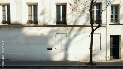 Obraz na płótnie Parisian street view, minimalist building, facing a wall with windows and doors, sunny afternoon light, peaceful urban scene, no people around. w salonie
