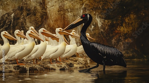 A striking image of a black pelican standing among white pelicans on the shore, showcasing their unique features.