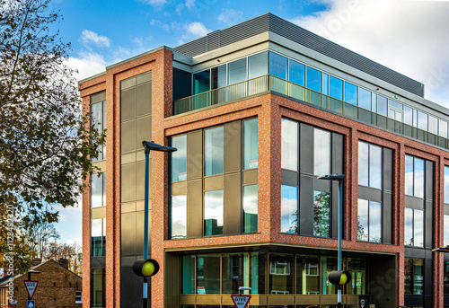 Modern apartment block with brick and glass