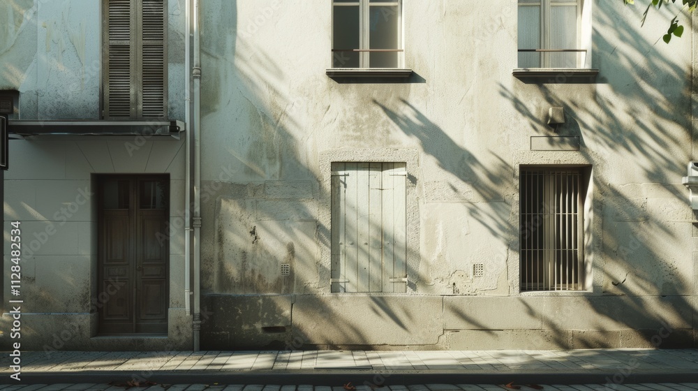 Parisian street view, minimalist building, facing a wall with windows and doors, sunny afternoon light, tranquil urban atmosphere, no people around.