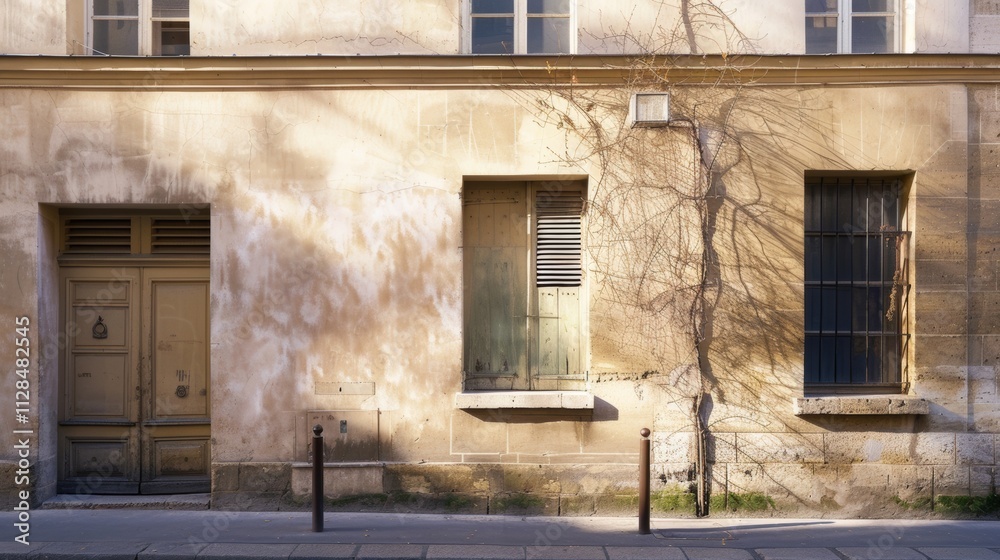 Parisian street view, minimalist building, facing a wall with windows and doors, sunny afternoon light, peaceful urban setting, no people around.