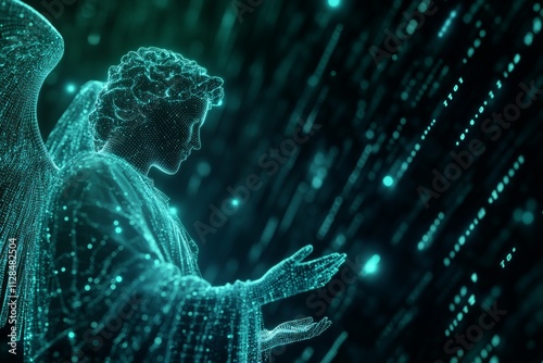 Digital angel hologram in futuristic matrix-inspired background photo