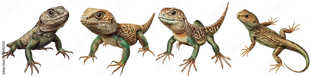 Fototapeta premium Diverse collection of small colorful lizard reptiles in natural habitat showcasing the varied species and adaptations of these cold blooded vertebrates in their tropical environment