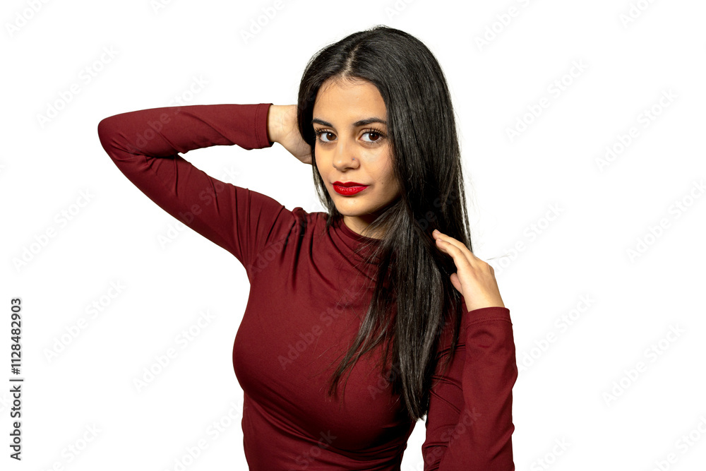 Young latin woman touching long hair and wearing red lipstick