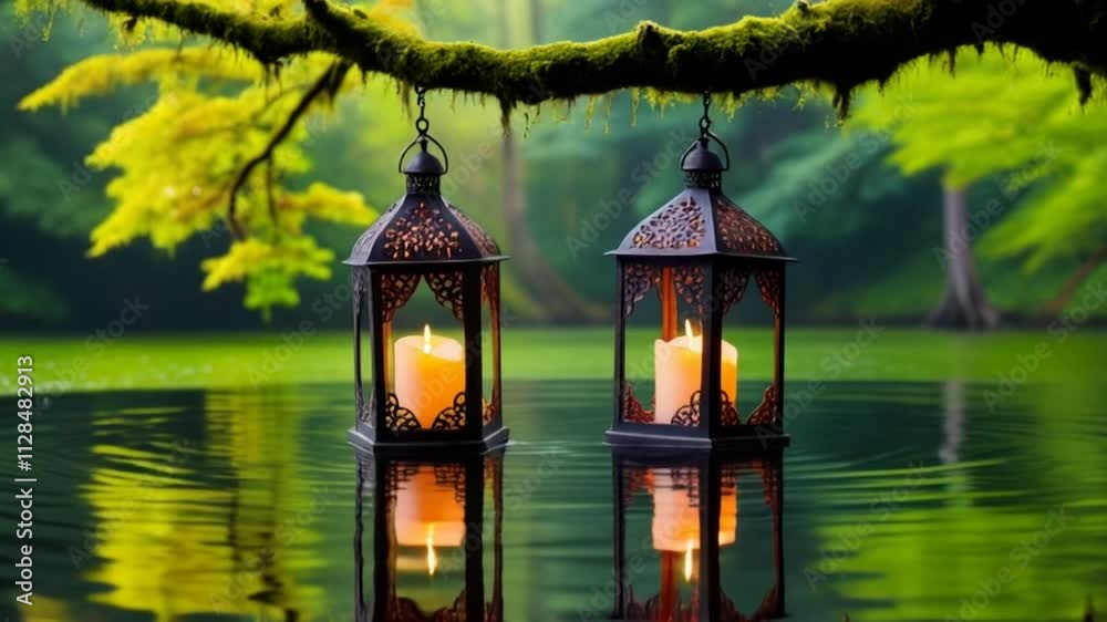 Two lanterns hang above the water on the lake