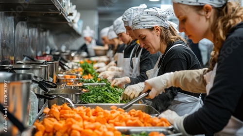 In a vibrant charity kitchen, diligent volunteers chop vegetables, stir pots, and assemble healthy meals, creating a warm atmosphere of collaboration and generosity for the community photo