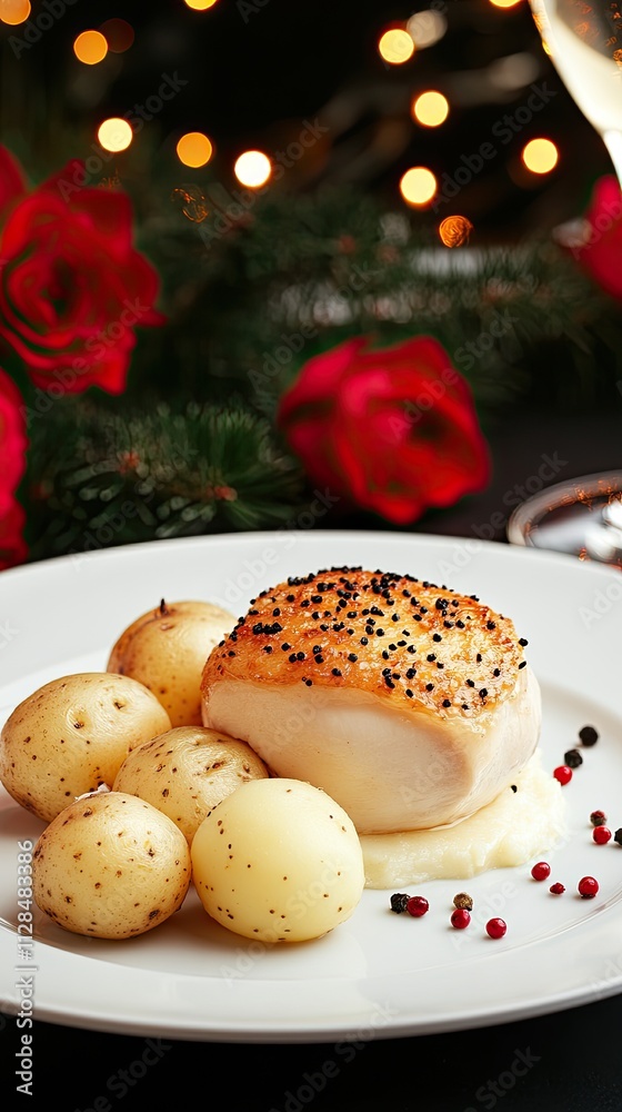 Savor the warmth of roasted pork and potatoes accompanied by wine and candlelight in a sunlit dining room adorned with flowers. Savor the warmth of roasted pork and potatoes accompanied by wine and candlelight in a sunlit dining room adorned with flowers.