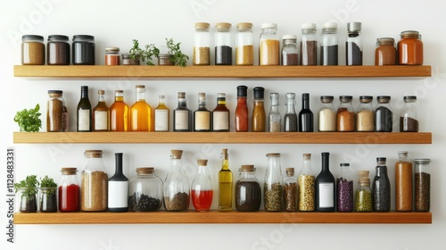 Wallpaper Mural organized kitchen shelves with spices and oils, focus on healthy cooking, bright and inviting atmosphere, clean and tidy, modern and efficient, culinary essentials Torontodigital.ca