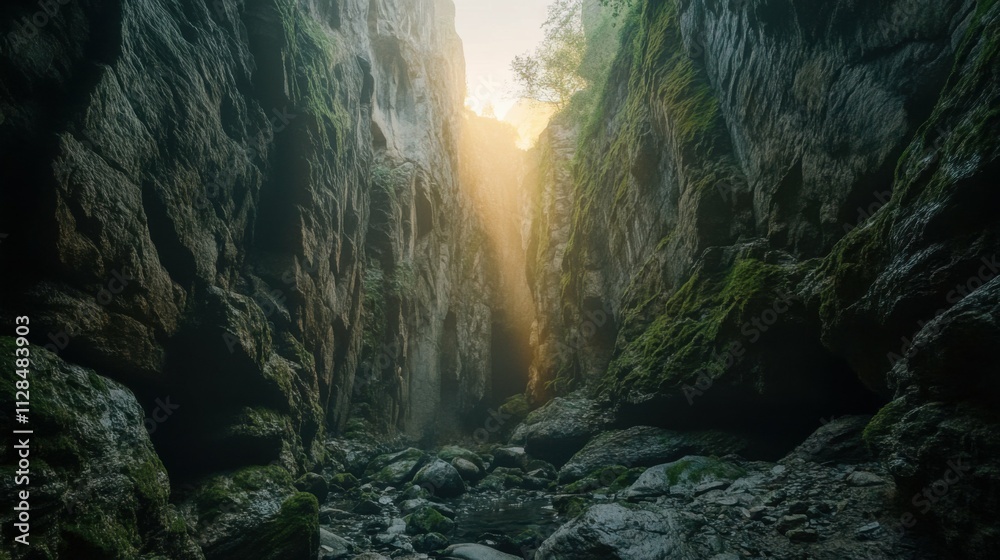 Fototapeta premium narrow rocky canyon with warm sunlight filtering through, dramatic nature shot