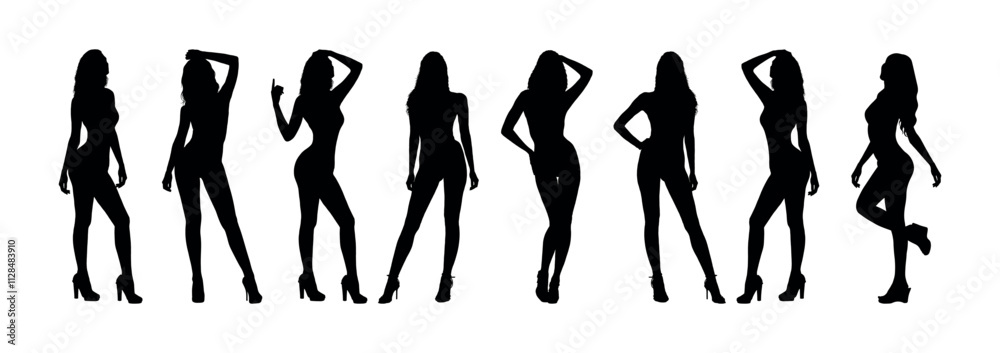 Group of sexy and sensual girls posing standing in row black silhouette set. Group of sexy and sensual girls posing standing in row black silhouette set.
