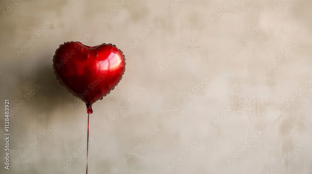 A single red heart shaped balloon floats against a beige wall A single red heart shaped balloon floats against a beige wall