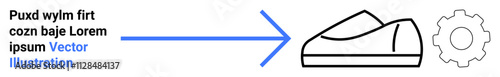 Blue arrow pointing to minimalistic shoe outline and gear icon. Ideal for processes, workflow, manufacturing, automation, footware, production, efficiency. Landing page