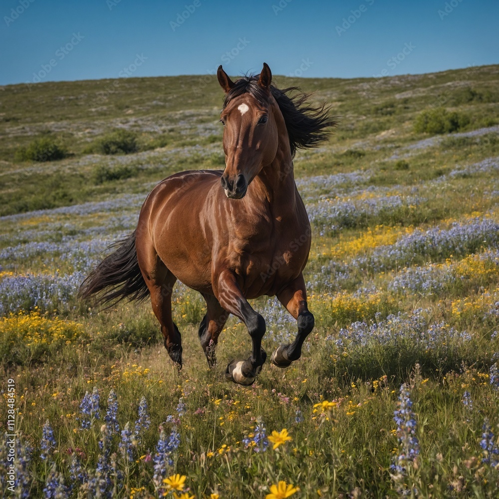 Obraz premium A majestic brown horse galloping through a field of wildflowers under a clear blue sky.