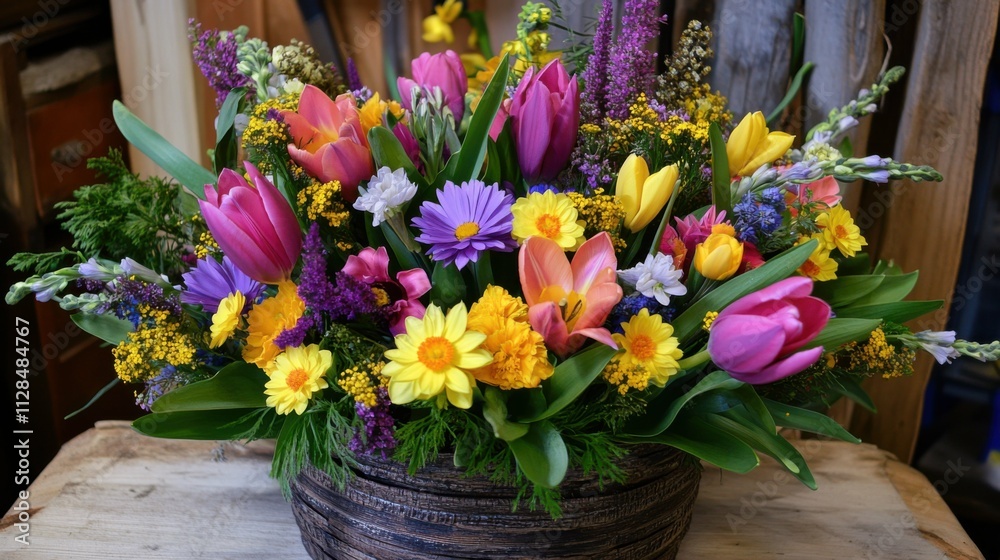 A colorful mix of fresh spring flowers, vibrant tulips, daffodils, and daisies, arranged in a rustic bouquet, bright and festive, celebrating the arrival of spring. A colorful mix of fresh spring flowers, vibrant tulips, daffodils, and daisies, arranged in a rustic bouquet, bright and festive, celebrating the arrival of spring.