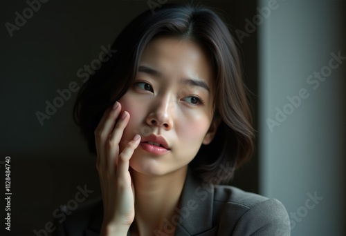 A young woman with short dark hair looks thoughtfully away from the camera.