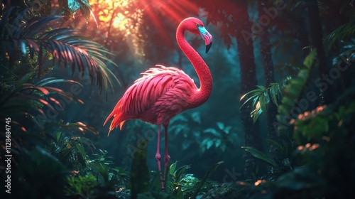 Magical sunset scene with vibrant pink flamingo standing in tropical jungle setting, surrounded by palm leaves and mystical turquoise lighting creating dreamy fairy tale atmosphere