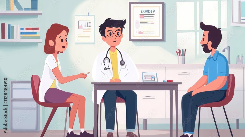 Doctor Explaining the COVID Vaccine Process to Patients in a Modern Medical Office Setting