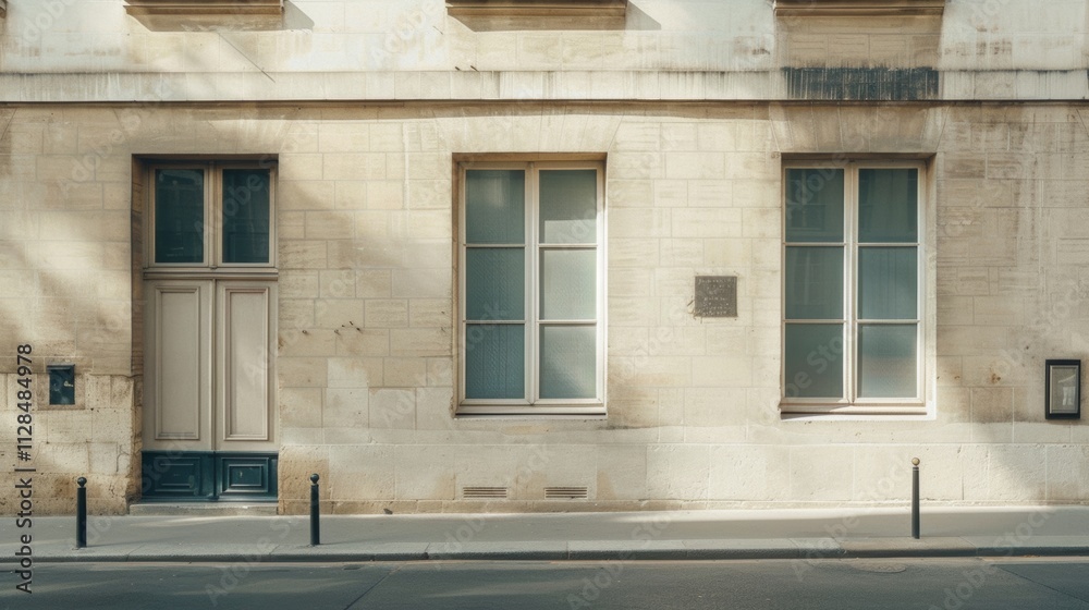 Serene Parisian street with a modern minimalist building, direct frontal view of a wall with windows and doors, bathed in warm sunlight on a tranquil afternoon, devoid of people.