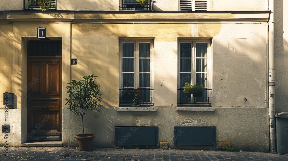Serene Parisian street with a modern minimalist building, direct frontal view of a wall with windows and doors, bathed in warm sunlight on a tranquil afternoon, devoid of people.