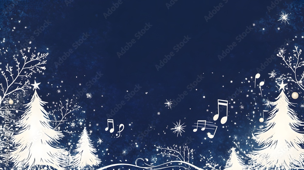 Naklejka premium Chic floral border design, navy blue background with white Christmas trees and musical notes, sparkling stars, musical theme,