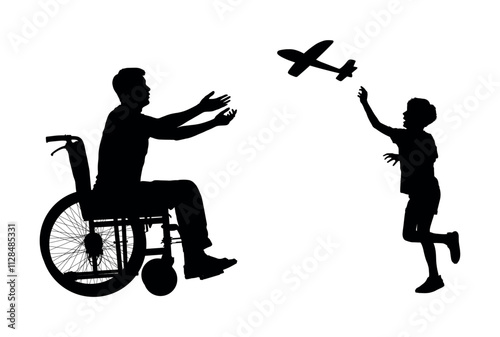 Little boy playing airplane toy with his disabled father sitting on wheelchair black silhouettes.