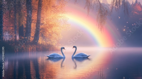 Two swans facing each other on a misty lake at sunrise with a rainbow. photo