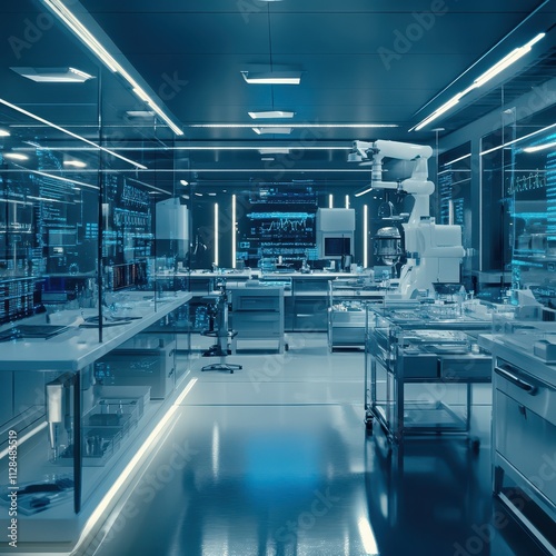 Biotech lab interconnected with luminous data streams, futuristic medicine networking