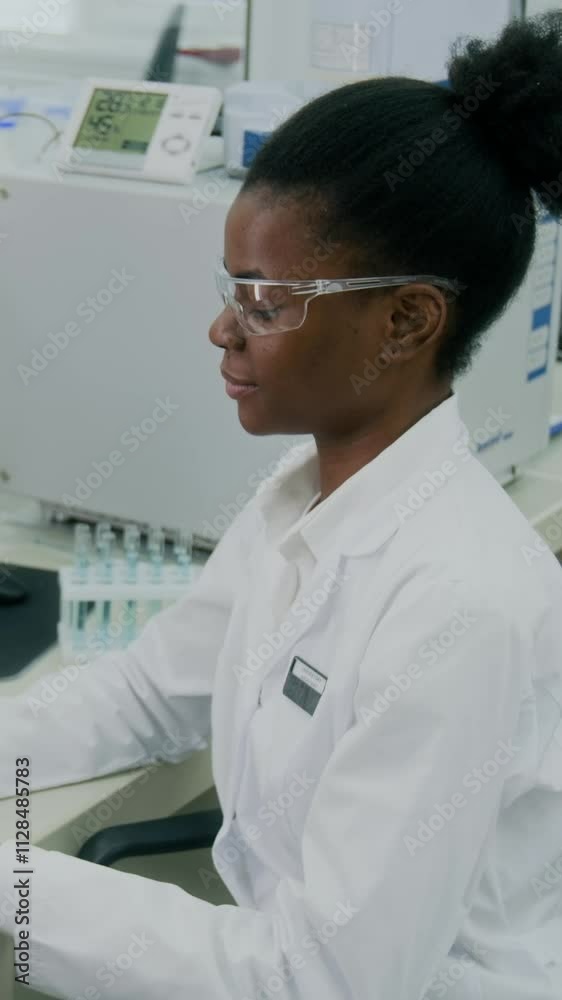 Vertical portrait of smiling Black gen Z scientist wearing white coat and glasses looking at camera while working at laboratory table