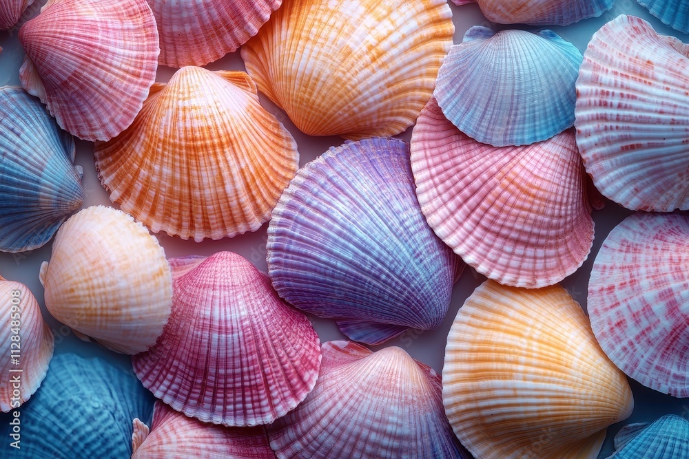 Colorful seashell pattern arranged in the background, top view artistic layout. Colorful seashell pattern arranged in the background, top view artistic layout.