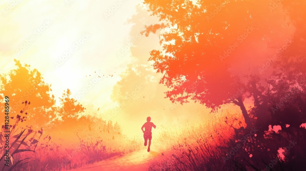 Obraz premium Silhouette of a person running along a sunlit path, soft orange and pink hues in the sky, dynamic and motivational, active and vibrant