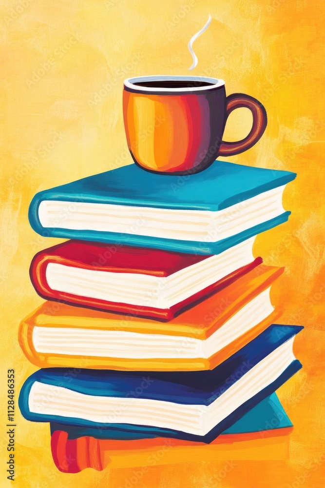 Cozy illustration of a stack of books with a steaming coffee cup on top, set against a warm yellow background, ideal for posters, cafes, or educational advertising with copy space.. Cozy illustration of a stack of books with a steaming coffee cup on top, set against a warm yellow background, ideal for posters, cafes, or educational advertising with copy space..