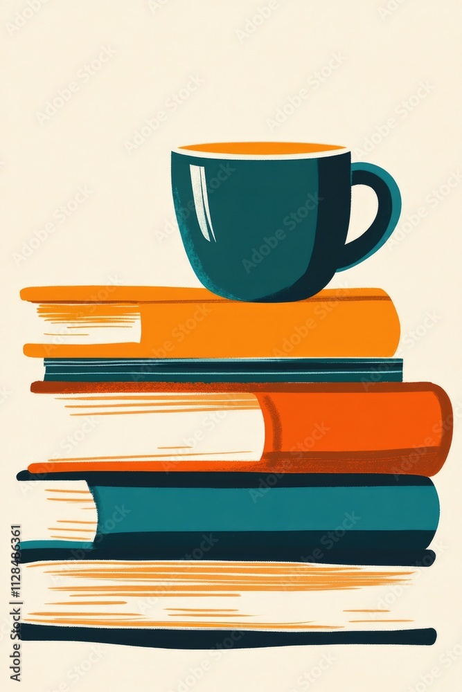 Minimal illustration of a coffee cup on a stack of colorful books on a beige background, ideal for educational posters, bookstores, cafes, and stationery ads with copy space.. Minimal illustration of a coffee cup on a stack of colorful books on a beige background, ideal for educational posters, bookstores, cafes, and stationery ads with copy space..