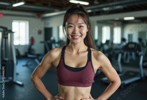 A woman in a sports bra smiles confidently in a gym.