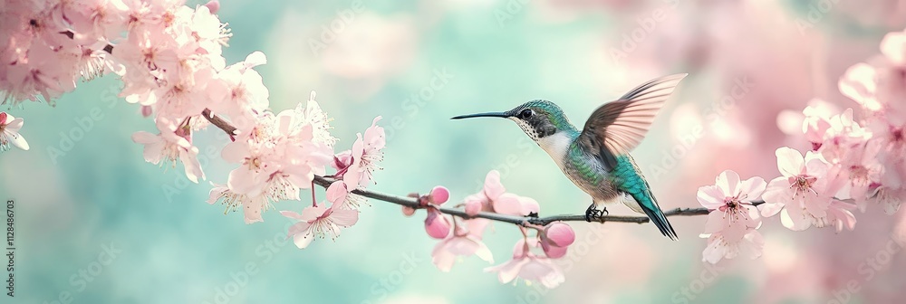 Hummingbird Finding Nectar A Tiny Bird Perched on a Branch Amidst Delicate, Pink Blossoms Hummingbird Finding Nectar A Tiny Bird Perched on a Branch Amidst Delicate, Pink Blossoms