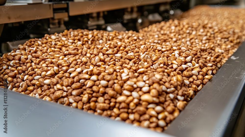 Obraz premium Freshly Roasted Puffed Rice Cereal Moving Along Conveyor Belt in Food Processing Factory