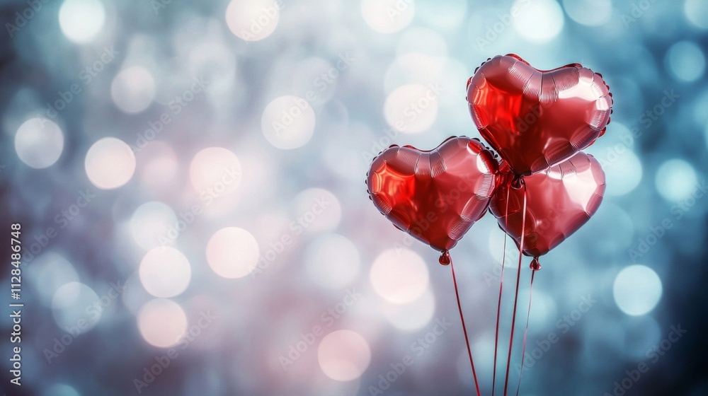 Three Red Heart Shaped Balloons Against A Soft Blue Background Three Red Heart Shaped Balloons Against A Soft Blue Background