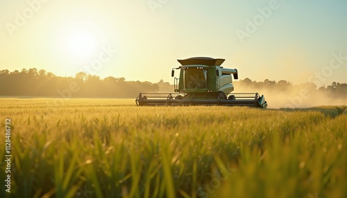 Harvesting golden grains at dawn in a tranquil countryside, where innovation meets nature in a picturesque landscape of agriculture