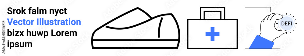 Minimalistic sports shoe, medical kit with a cross, and hand holding cryptocurrency coin. Ideal for health, fitness, medical, cryptocurrency, modern web design, user interfaces, and landing pages Minimalistic sports shoe, medical kit with a cross, and hand holding cryptocurrency coin. Ideal for health, fitness, medical, cryptocurrency, modern web design, user interfaces, and landing pages