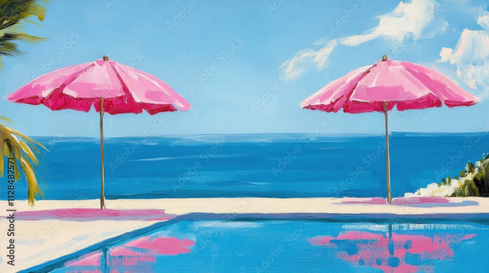 Bright pink parasols by a poolside with ocean views Bright pink parasols by a poolside with ocean views