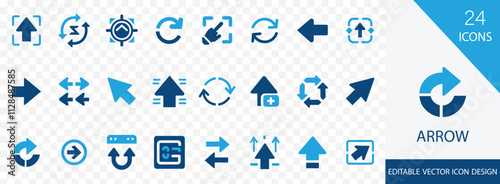 Arrow solid icon set. containing Direction, right, circle, transfer, increase, rotate, repeat, swap and more vector design