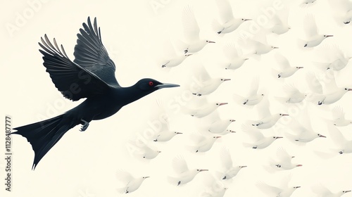 A striking contrast of a black bird flying among a flock of white birds, symbolizing freedom and individuality. photo