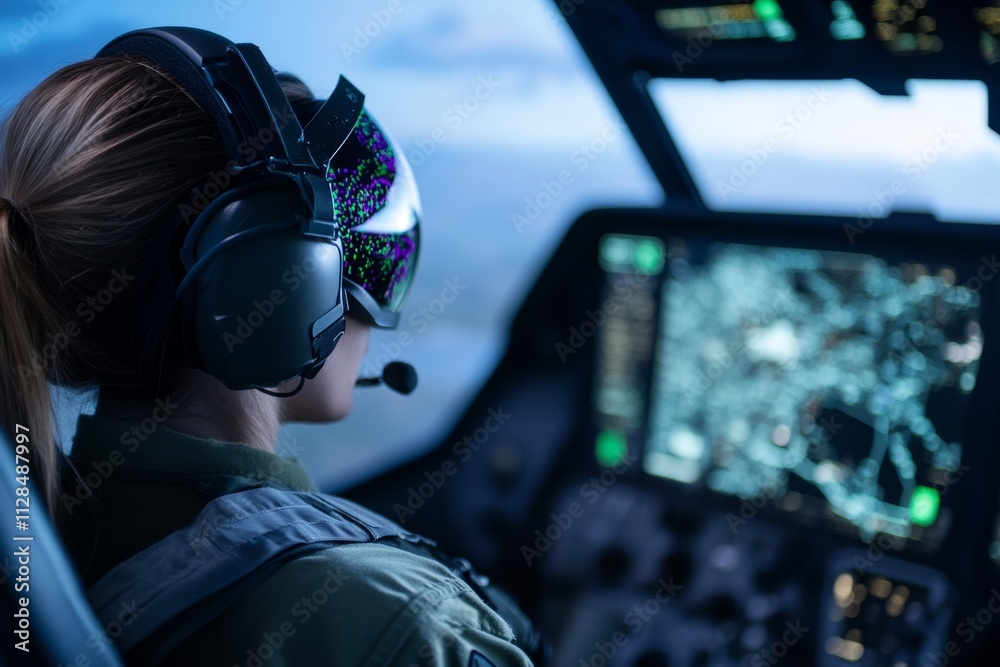 Female pilot operating helicopter with advanced hud at dusk Female pilot operating helicopter with advanced hud at dusk