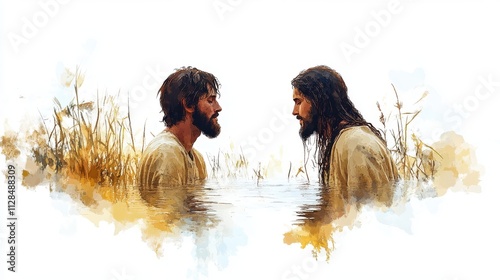 john the baptist baptizes jesus in the jordan river digital painting on white background