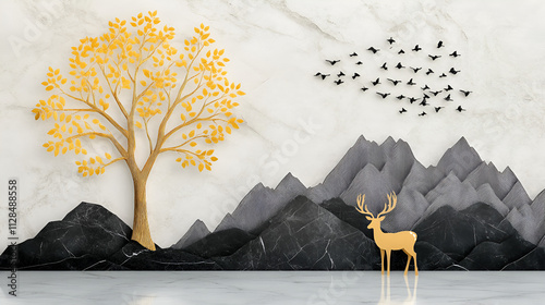 Wall decoration artwork of a golden tree and a deer with black mountains on a marble wall. photo