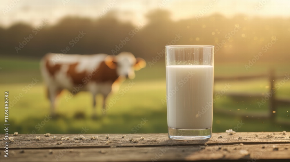Fresh milk in a glass with a cow in the background Fresh milk in a glass with a cow in the background
