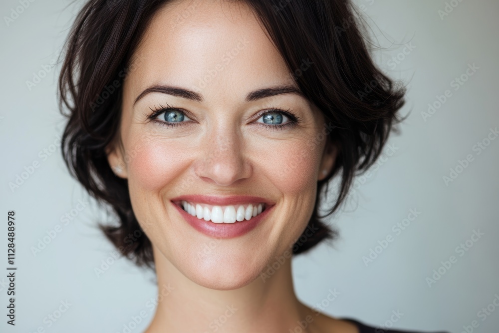 Smiling young caucasian female with short dark hair Smiling young caucasian female with short dark hair