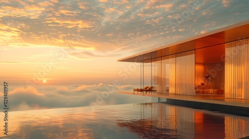 Modern house with infinity pool overlooking a sunset sky and clouds.